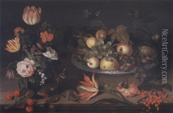 Still Life With Flowers In A Vase, A Branch Of Cherries, A Wan-li Dish Full Of Fruit, Red Currants, A Tulip, A Lizard And Various Insects On A Ledge Oil Painting - Johannes Bosschaert
