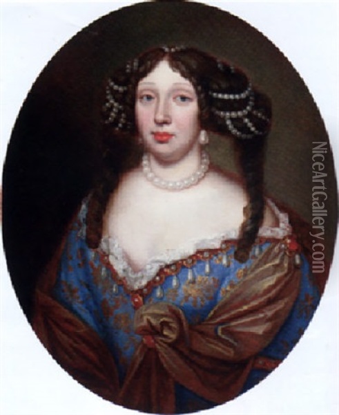 Portrait Of Magdalena Sibilla, Herzogin Von Wurttemberg In A Blue Embroidered Dress, With A Pearl Choker And Pearls In Her Hair Oil Painting - Pierre Mignard the Elder