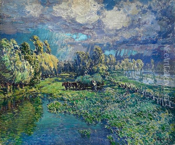 A River Landscape With Figures Harvesting Oil Painting - Vaclav Radimsky