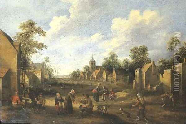 A village landscape with travellers and peasants in a street Oil Painting - Joost Corenlisz. Droogsloot