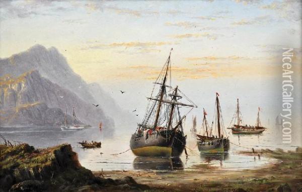 Vessels At Low Tide Oil Painting - H. Forrest