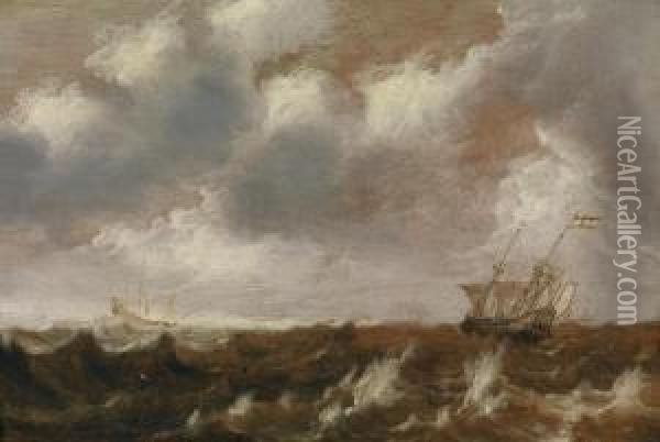 Dutch Ships In A Stormy Sea Oil Painting - Pieter Van Der Croos