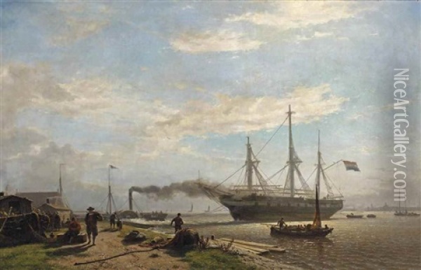 A Dockyard On The Northern Shore Of The Amsterdam Harbour Oil Painting - Willem Anthonie van Deventer