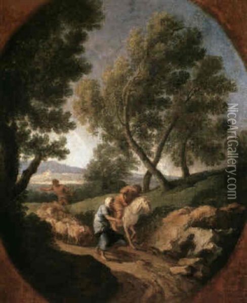 A Landscape With A Shepherd Driving His Flock Along A Path  Behind Two Travellers One On Foot The Other On Horseback Oil Painting - Andrea Locatelli