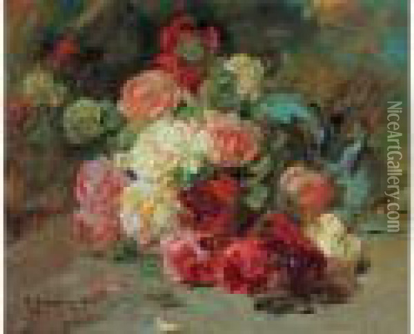 Jete De Roses, 1918. Oil Painting - Georges Jeannin