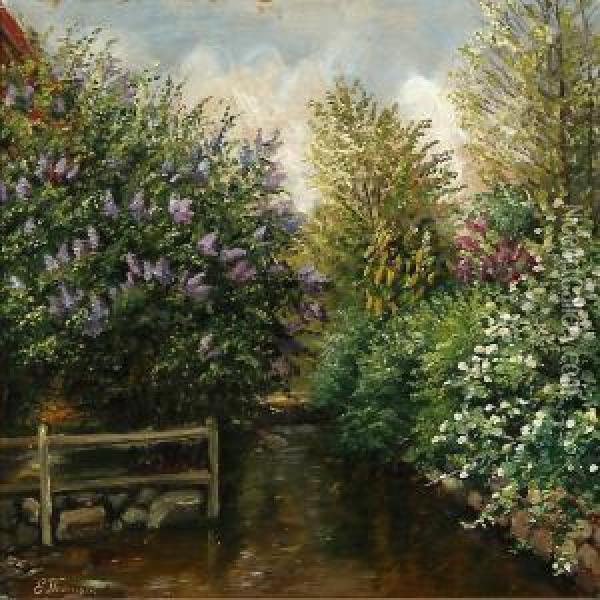 Blooming Lilacs At A Stream Oil Painting - Emmy Marie Caroline Thornam
