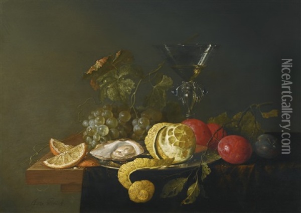 Still Life With A Peeled Lemon, Oyster And A Silver Plate With Grapes, Plums And A Facon-de-venise Glass Filled With White Wine, All On A Wooden Table Partially Draped With A Green Cloth Oil Painting - Jan Davidsz De Heem