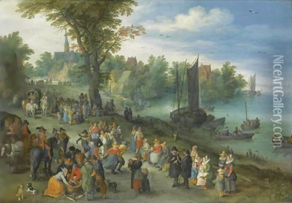 The Edge Of A Village With Figures Dancing On The Bank Of A River And A Fish-Seller Oil Painting - Jan The Elder Brueghel
