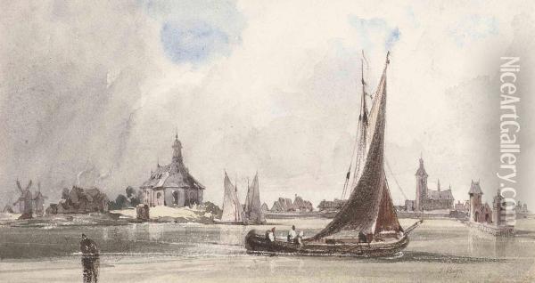 A Fishing Vessel Heading Out To Sea, A Church Beyond Oil Painting - Thomas Shotter Boys