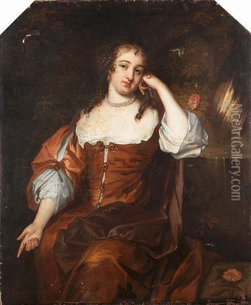 Portrait Of A Lady, 
Three-quarter-length, In A Brown And White Dress With A Maroon Wrap 
Seated Before A Fountain Oil Painting - Sir Peter Lely