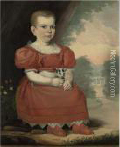 A Child In A Red Dress With Triangular Lace Petticoat, Holding A Kitten Oil Painting - Robert Street