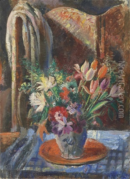 Nature Morte Au Bouquet Et Au Paravent Oil Painting - Vera Rockline