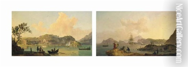 Baiae With The Temples Of Venus And Diana From The Fortress Of Don Pedro De Toledo; And The Fortress Of Don Pedro De Toledo From The Campi Flegrei, Capo Miseno And Ischia Beyond Oil Painting - Pierre Jacques Volaire