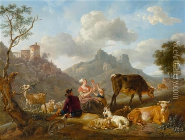 Shepherds And Sheep In A Mountainous Landscape Oil Painting - Jean-Louis Demarne