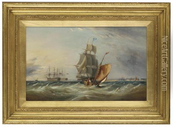A Frigate Heading Out Of 
Portsmouth Harbour With Two Largefirst-rates Anchored In The Solent Oil Painting - Ebenezer Colls