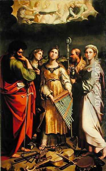 St. Cecilia surrounded by St. Paul, St. John the Evangelist, St. Augustine and Mary Magdalene, after Raphael Oil Painting - Claude Andrew Calthrop