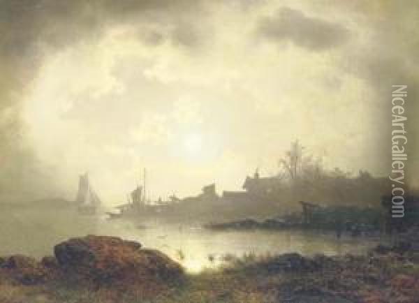 A Nocturnal River Landscape Oil Painting - Sophus Jacobsen