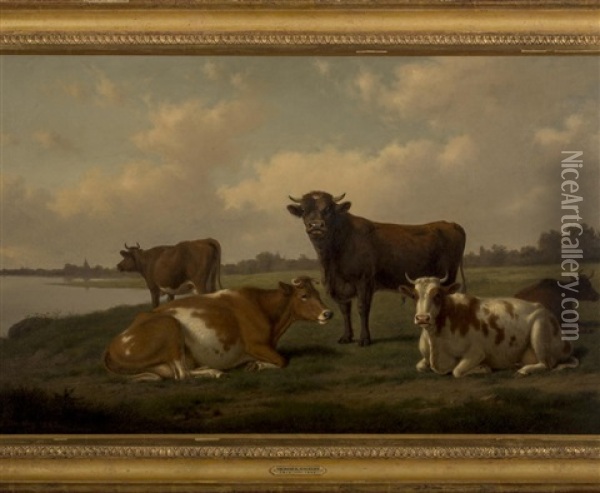 Cows By A Stream Oil Painting - Thomas Hewes Hinckley