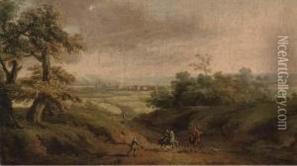 An Extensive Landscape With Horsemen And A Beggar In Theforeground Oil Painting - Peter Tillemans