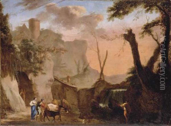 A Montainous River Landscape With Herdsmen Watering Their Cattle Oil Painting - Herman Van Swanevelt