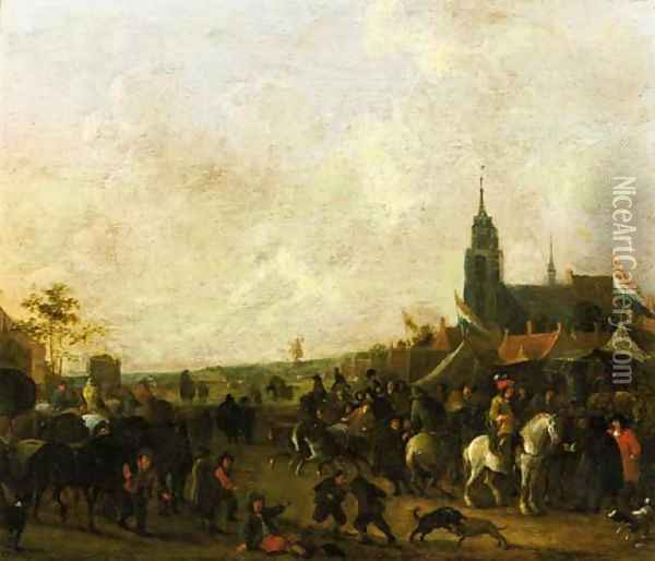 A horse fair outside a town Oil Painting - Henri Meyer