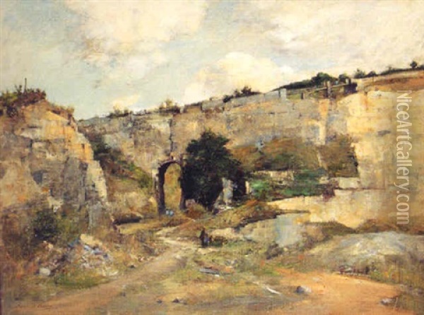 Ancient Stone Quarry With Tunnel, Stone Bridges Beyond Oil Painting - Rene Billotte