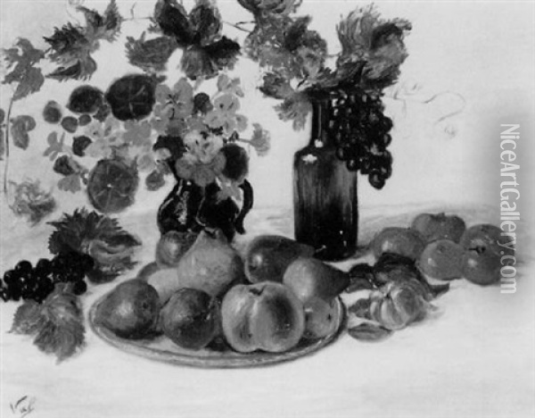 Nature Morte Aux Vases De Fleurs Et Plat De Fruits Oil Painting - Valentine Synave Nicolaud (Fray) Val