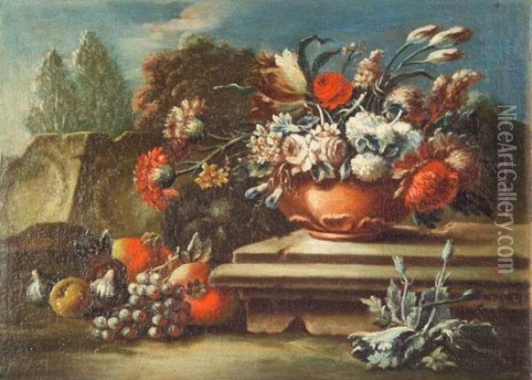 Lopez , Attr.a. Natura Morta En Plen Air Con Frutta E Vaso Di Fiori Oil Painting - Gasparo Lopez