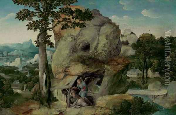 An extensive landscape with Elijah and the Angel Oil Painting - Joachim Patenier (Patinir)