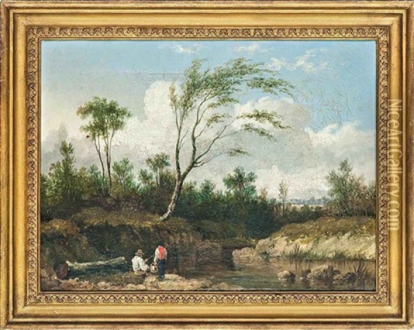 A Riverscene With Fishermen Oil Painting - John Ward