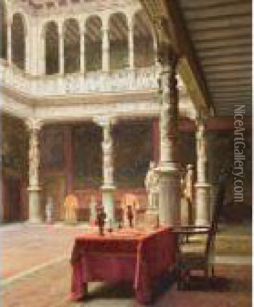Colonnaded Interior With Table And Chair Oil Painting - Paul Thomas
