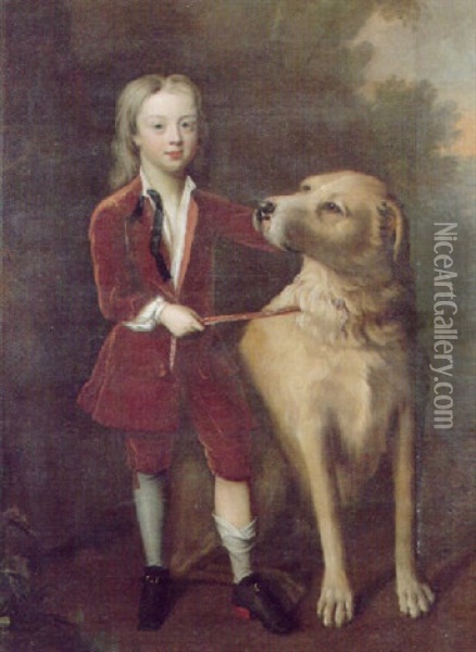 Portrait Of A Boy, Wearing A Red Velvet Suit, Standing Beside A Mastiff In A Wooded Landscape Oil Painting - Charles d' Agar