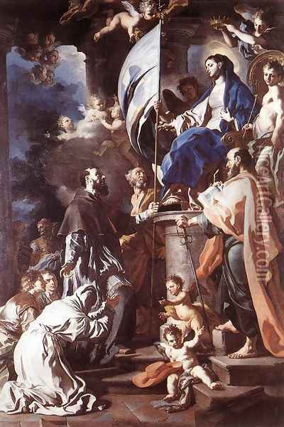 St Bonaventura Receiving the Banner of St Sepulchre from the Madonna 1710 Oil Painting - Francesco Solimena