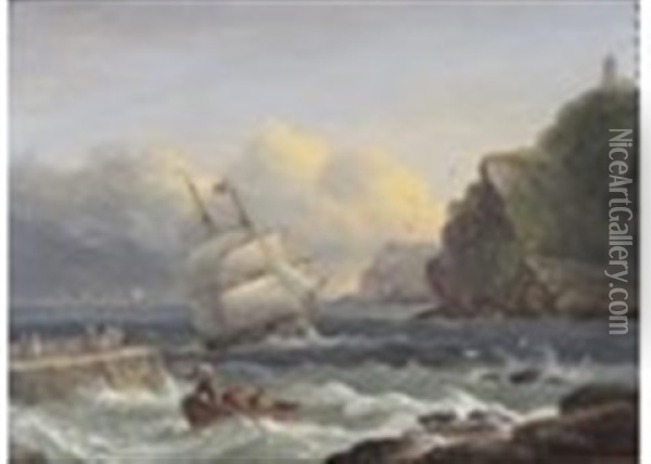 Portreath, Cornwall, A Fishing Boat And Rowing Boat By A Pier Oil Painting - Thomas Luny