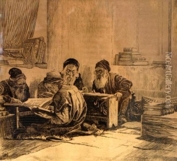 The Talmud Students Oil Painting - Ephraim Moshe Lilien