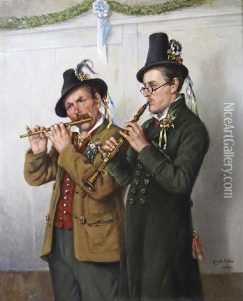 Zwei Musikanten In Tracht Oil Painting - Ernst Immanuel Mueller
