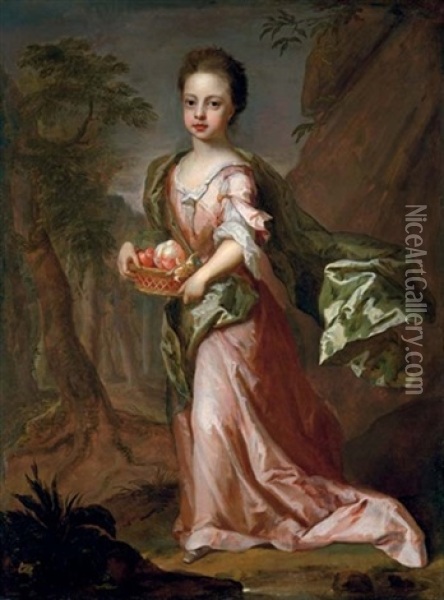 Portrait Of A Young Girl (eleonora Leijoncrona?) In A Pink Dress, An Extensive Landscape Beyond Oil Painting - Michael Dahl