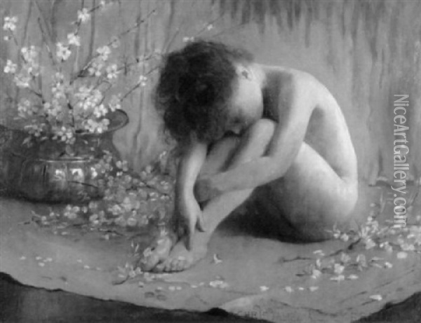 Schlafendes Madchen Neben Einer Vase Mit Kirschbluten Oil Painting - Christabel A. Cockerell