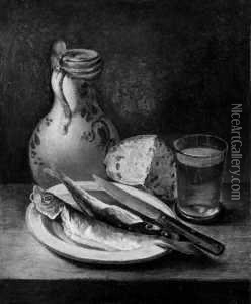 Stilleben Mit Einem Weinkrug, 
Einem Gefullten Glas, Zwei Fischen Auf Einem Teller Und Einem 
Angeschnittenen Brotlaib. Oil Painting - Johann Andreas Herrlein