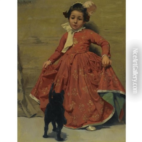 Senorita Bailando Para Su Gato - Girl Dancing For Her Cat Oil Painting - Andres (Comte) Parlade y Heredia