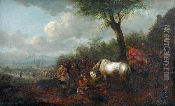 A Military Encampment Oil Painting - Pieter Wouwermans or Wouwerman