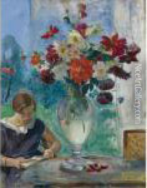 Jeune Fille Lisant Et Vase De Fleurs Oil Painting - Henri Lebasque