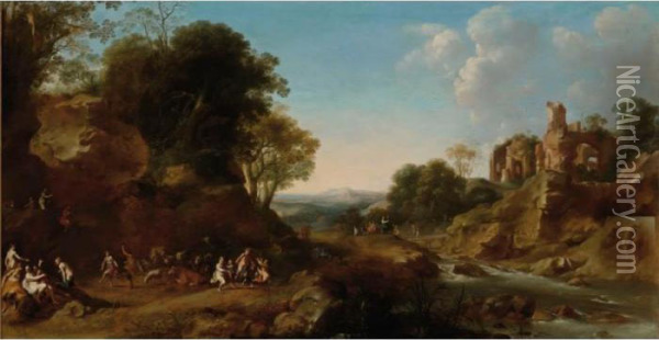 Sold By The J. Paul Getty Museum To Benefit Future Painting Acquisitions
 

 
 
 

 
 An Extensive Italianate Landscape With A Bacchanale, Other Bacchantes On A Bridge In The Background Near Ruins On Oil Painting - Dirck Van Der Lisse