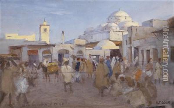 Street Scene Ina Souq In Tunis Oil Painting - Karl Friedrich Gsur