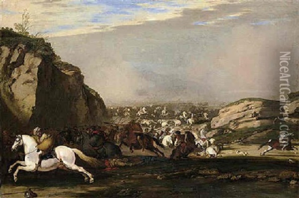 A Cavalry Engagement Between Turks And Christians Oil Painting - Aniello Falcone