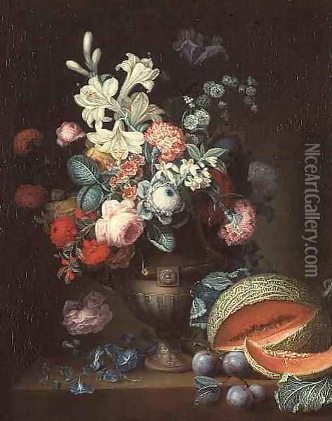 Still life of flowers in a classical vase with a cut melon, 1768 Oil Painting - Philippe Parpette