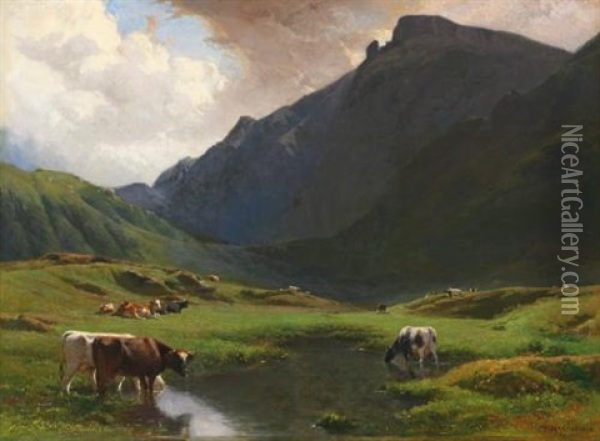 Paysage Alpin Avec Des Vaches Et Des Chevres (alpine Landscape With Cows And Goats) Oil Painting - Albert De Meuron