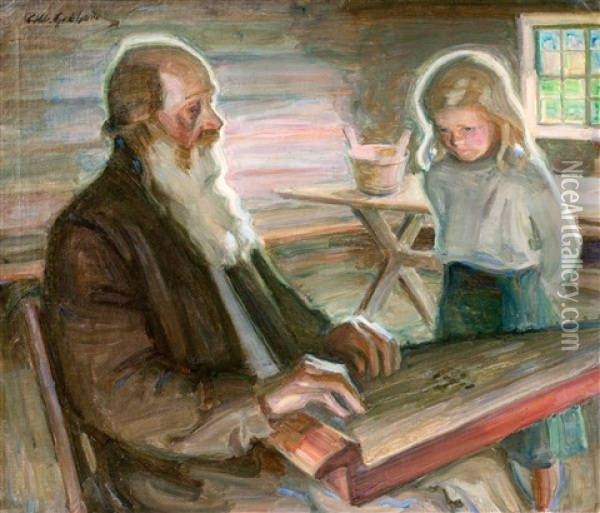 The Old Kantele-player And His Grandchild Oil Painting - Albert Gebhard