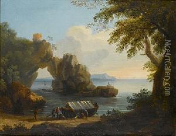 A Rocky Coastal Inlet With Figures Loading Goods Onto A Boat Oil Painting - Francesco Fidanza
