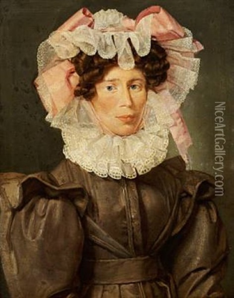 A Portrait Of Anne Cathrine Mariager, Nee Schultz, With A Big White Tulle Bonnet On Her Head Oil Painting - Christian Albrecht Jensen